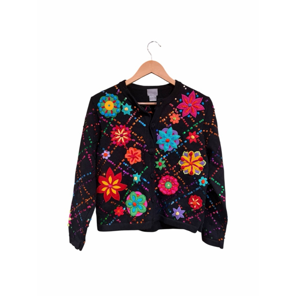 Berek Embellished Floral Cardigan Colorful Beaded Applique Art Sweater